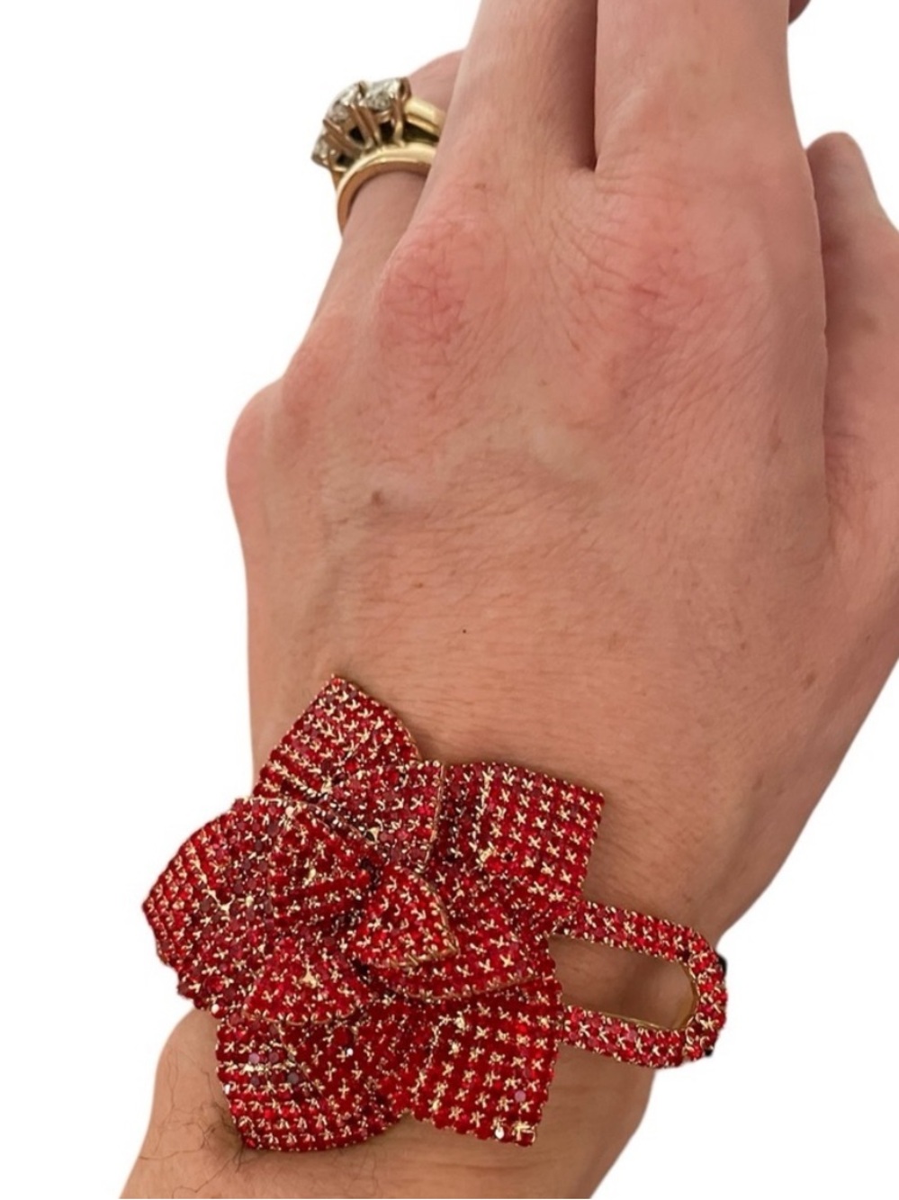 NWT Natasha red flower bangle cuff gold tone